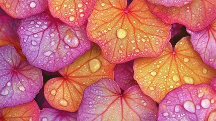 Obraz premium Colorful overlapping leaves with glistening water droplets on surface