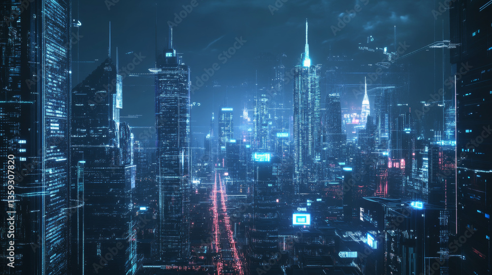Poster cyber city, digital technology and global computerization. big data concept in 3d illustration. neur