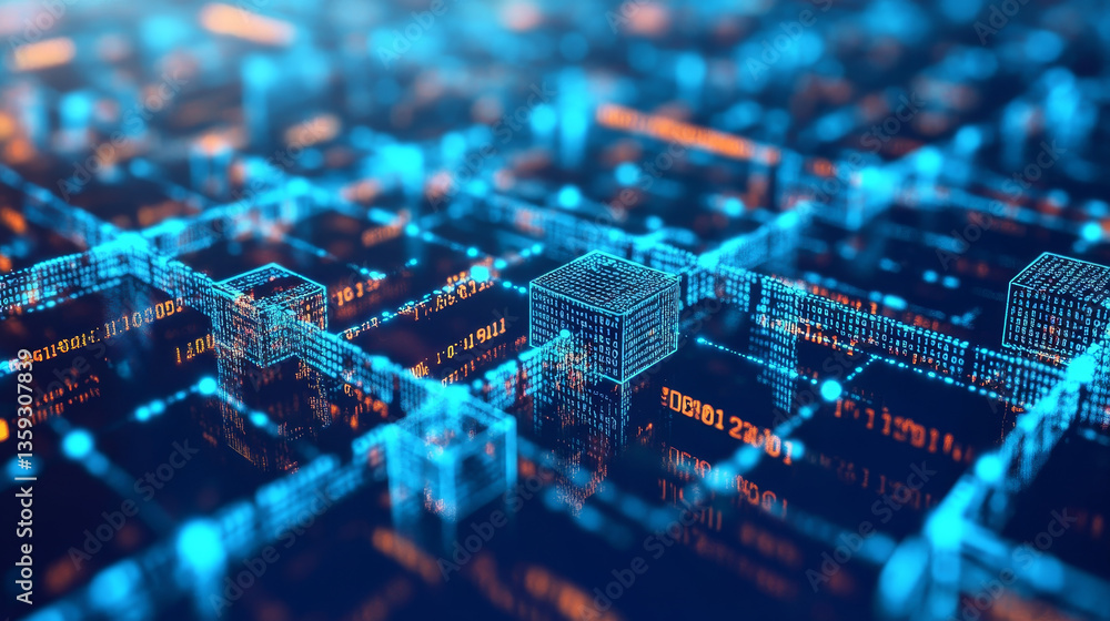 Poster blockchain technology. information blocks in digital space. decentralized global network. cyberspace