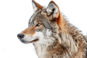 Fototapeta premium Close-up of a majestic gray wolf with striking amber eyes against a soft white background.