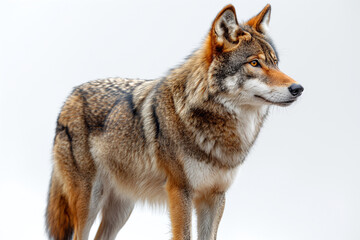 Obraz premium A majestic wolf stands alert, showcasing its thick, beautiful fur and keen eyes against a neutral background.