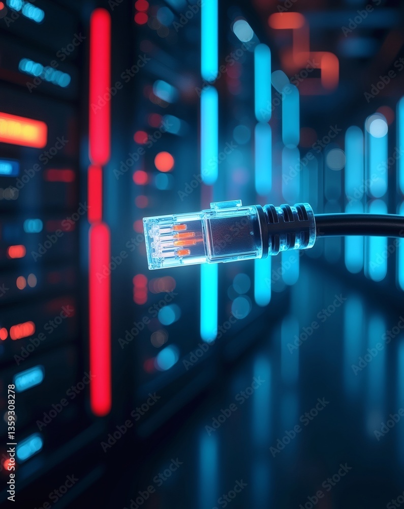 Poster an ethernet cable connection and server room, illustrating data transfer and internet connectivity