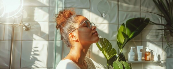 Person is enjoying relaxing self care routine, applying a luxury facial lotion for beauty of face while surrounded in fresh and luxurious ambient setting while focus on relaxation and skincare. AIG61.