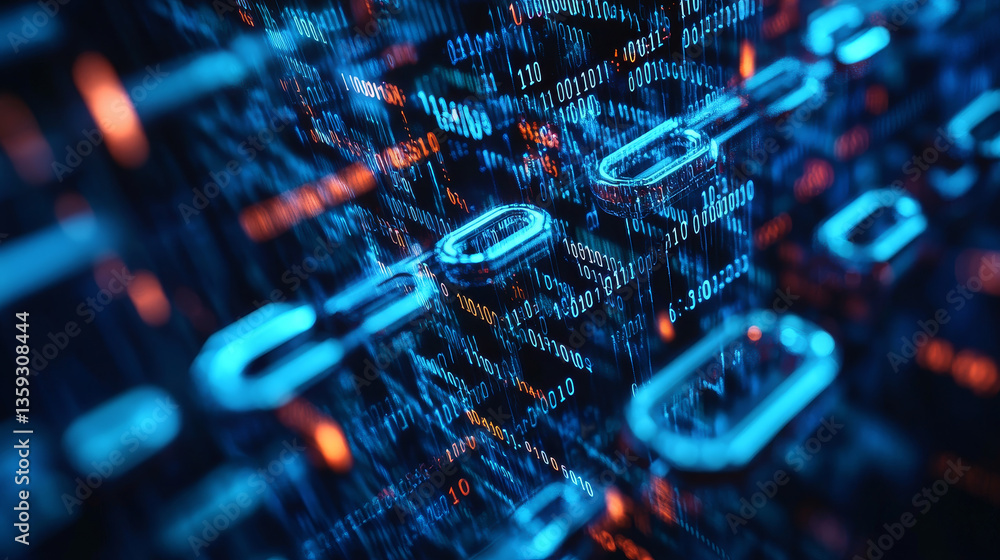 Poster blockchain technology. information blocks in digital space. decentralized global network. cyberspace