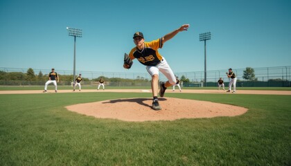 A focused young male pitcher, wearing a vibrant yellow and black jersey, delivers a powerful throw from the pitchers mound under a clear blue sky. The scene captures the intensity of the game