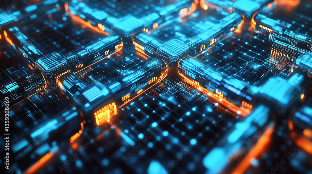 Poster info blocks, direction of data transfer. big data array in blockchain concept. 3d illustration hi-te