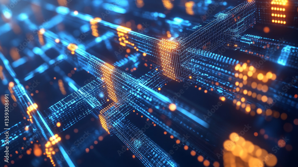 Poster info blocks, direction of data transfer. big data array in blockchain concept. 3d illustration hi-te