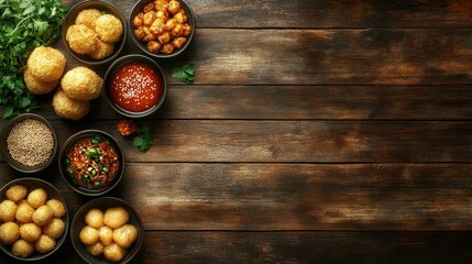 Naklejka premium Assorted Asian snacks and sauces on a rustic wooden table