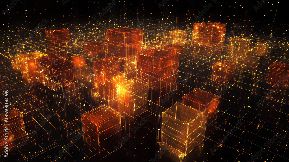 Poster blockchain technology. blocks of information in a decentralized cyberspace. global flows of informat