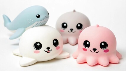 Fototapeta premium A group of kawaii baby sea animals, a blushing dolphin, a tiny smiling whale, a fluffy baby seal, and a round octopus