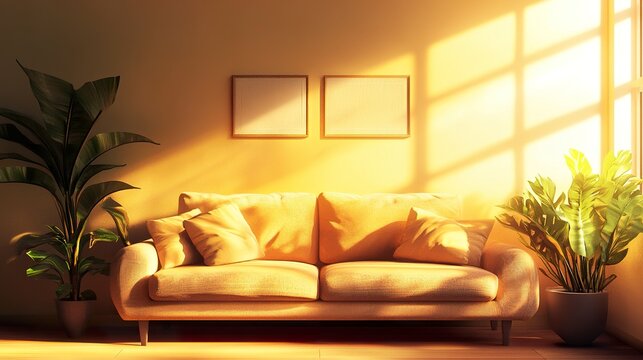 Stylish interior, plush sofa bathed in golden sunlight, soft shadows dancing on walls, tranquil anime chill aesthetic perfect for streaming overlays and VTuber assets.  