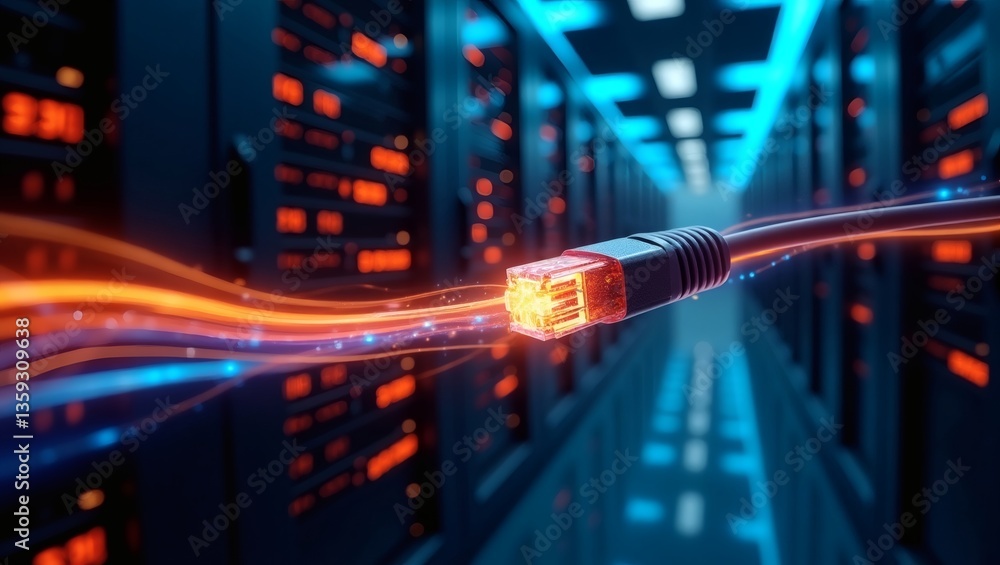Poster an ethernet cable, radiating data streams in a server room, symbolizing technology, connection, and 