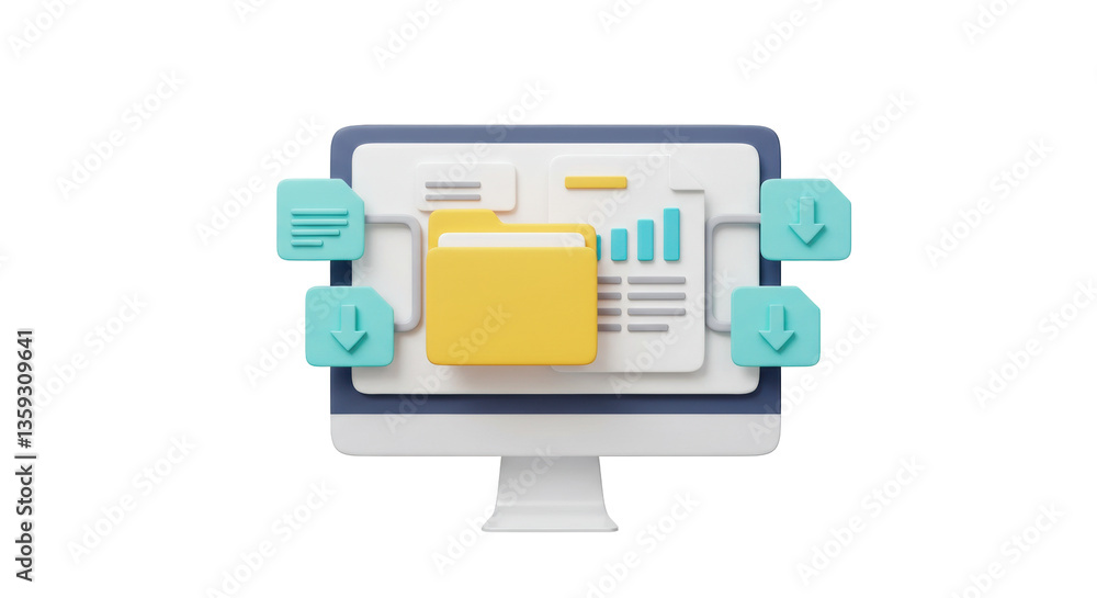 Aufkleber isolated computer monitor with data file and download icons