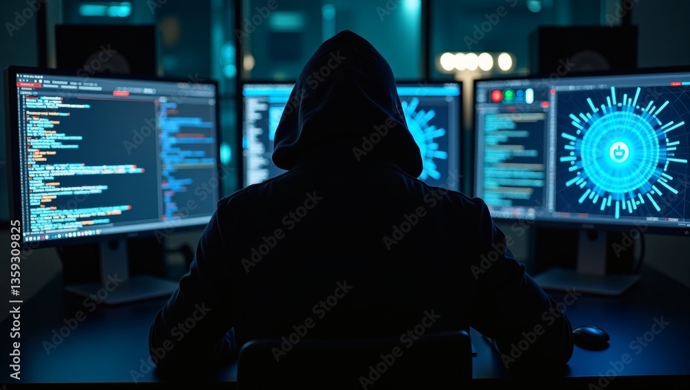 Poster a hooded figure intensely focused on multiple computer screens, potentially engaged in cybersecurity activity. The screens display lines of code and data.
