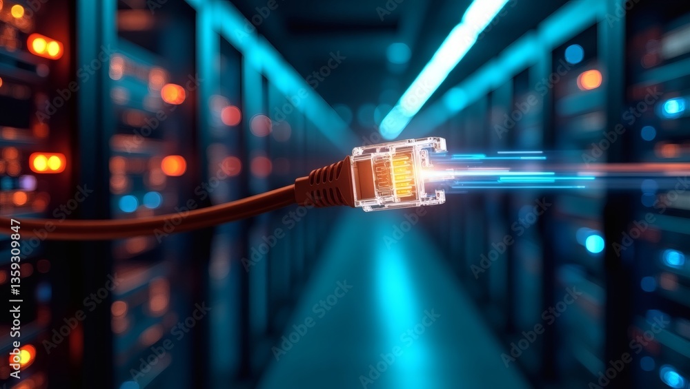 Poster network cable connecting in a server room, high-speed internet data transmission
