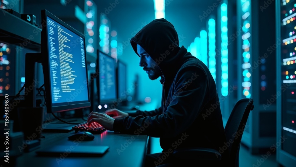Aufkleber A hooded figure coding in a data center, a cyber threat with intense focus on a computer. The room is filled with servers and monitors, implying the work of a hacker or security specialist