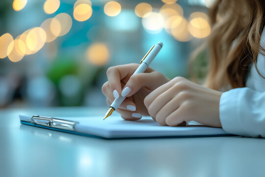 a close-up shot of a person's hands holding a pen and taking notes on a no