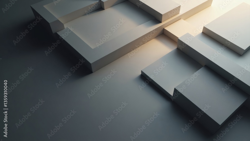 Poster an abstract architectural design made of geometric blocks, casting dramatic shadows. this modern, mi