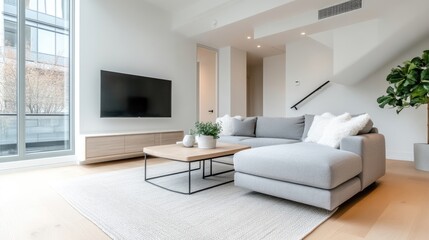 Fototapeta premium Modern living room with a cozy feel. A spacious, light-filled area featuring a comfortable sectional sofa, a flat-screen TV, a wooden coffee table, and natural light streaming through large windows
