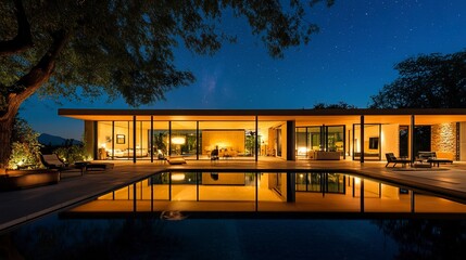 Fototapeta premium Stylish villa with expansive glass walls, glowing living room overlooking serene pool, modern design elements, starry night backdrop 