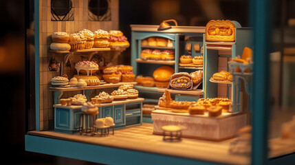 Obraz premium Bakery showcase cozy shop miniature display warm atmosphere close-up artisan pastries and breads