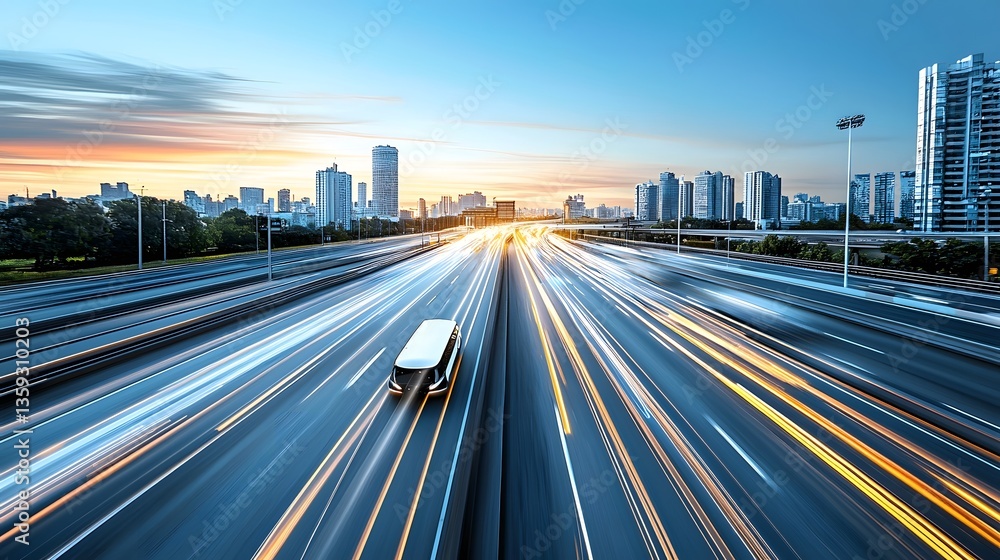 Aufkleber a dynamic high speed scene of traffic flowing seamlessly through a vibrant futuristic cityscape duri