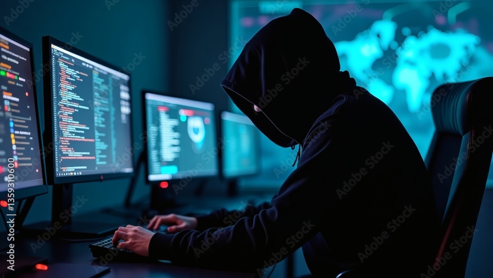 Poster a hooded figure with cyber attack on the computer