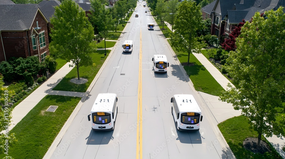 Aufkleber A fleet of autonomous electric buses utilizing Lidar technology to precisely navigate stops and maintain efficient schedules in a residential urban setting
