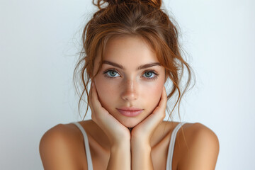Naklejka premium A serene young Caucasian woman with long brown hair, gazing intently at the camera with a calm expression.