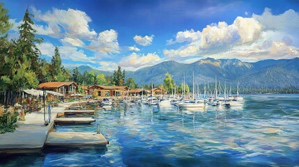 Obraz premium Summer at Sandpoint, pristine Lake Pend Oreille with waterfront resorts and condos, marinas filled with boats under sunny skies 