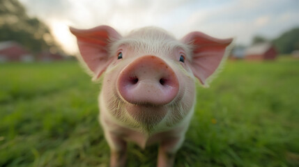 a close-up shot of a pig with a pink snout looking directly at the camera,