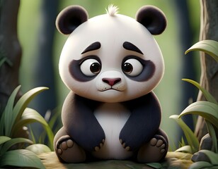 Obraz premium A cute, anthropomorphic panda cub sits on a rock in a lush, jungle setting with green leaves and trees.