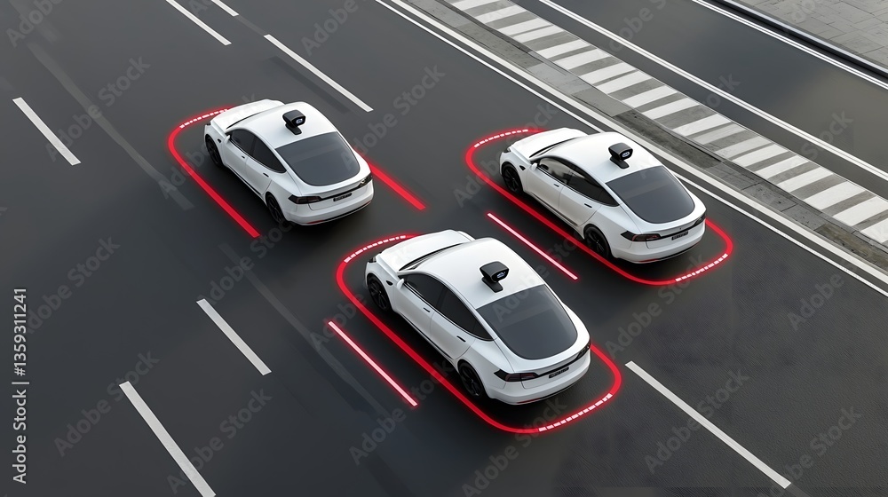 Aufkleber a fleet of self driving electric cars efficiently transporting passengers through an urban landscape