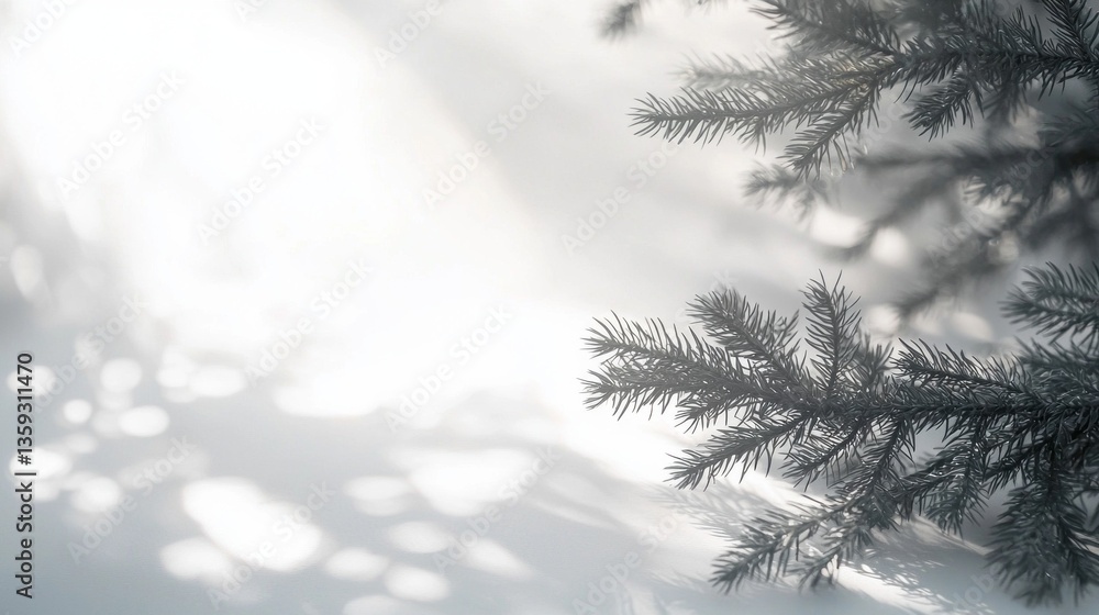 Poster evergreen branches reach out into a serene winter landscape, their needles dusted with snow while ge