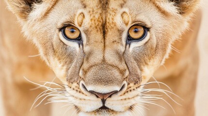 A close up image of a lion looking directly forward