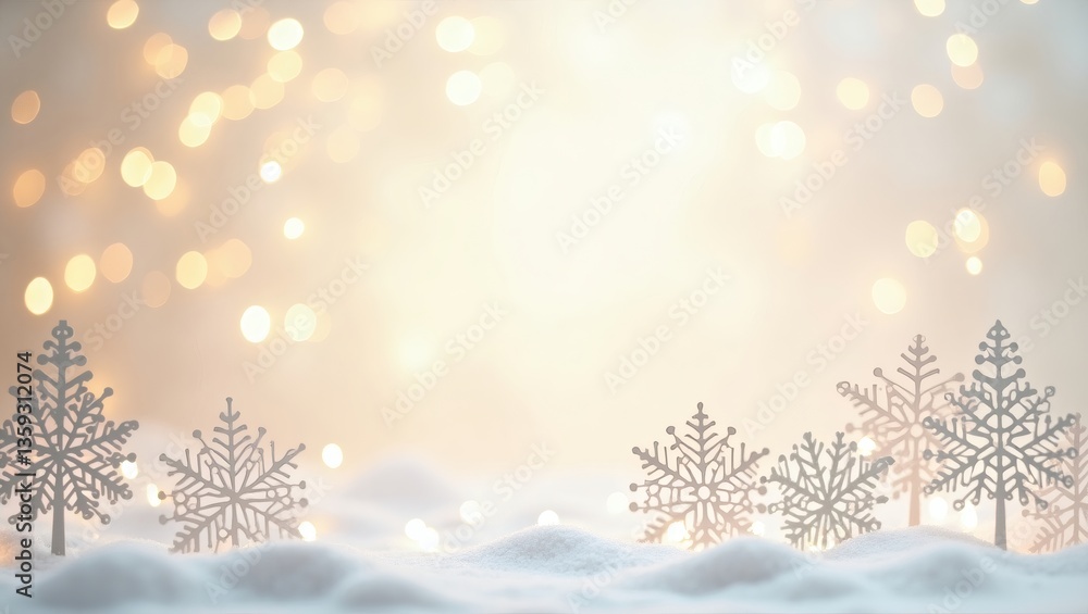 Poster a snowy scene with snowflakes and christmas tree ornaments with a festive background.