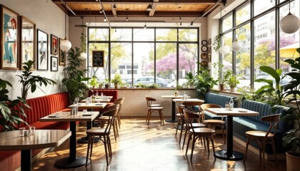 Bright and inviting dining space filled with green plants, wooden tables, and comfortable seating, showcasing a vibrant ambiance