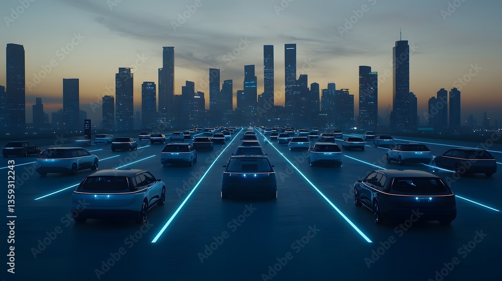 Poster a futuristic cityscape at dusk featuring a towering skyline of high rise buildings and lidar enabled