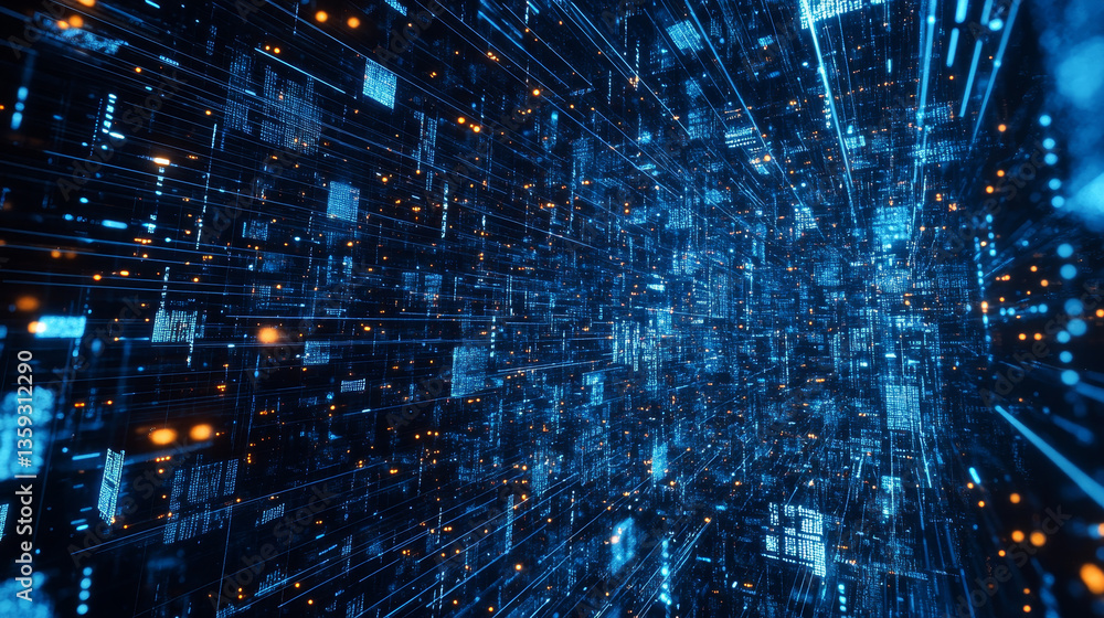 Poster blockchain technology. blocks of information in a decentralized cyberspace. global flows of informat