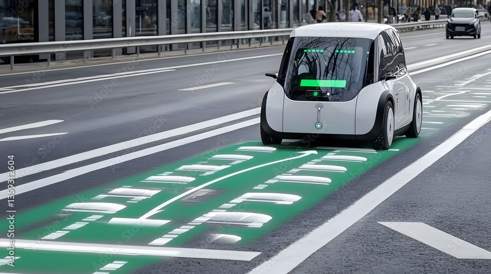 Poster A futuristic electric vehicle equipped with advanced sensor technology merging effortlessly onto a city highway with intelligent traffic coordination