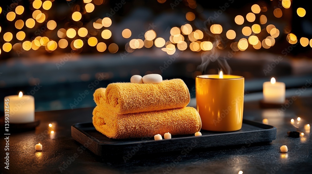 Poster soft candle glow casting shadows on a plush towel creating a warm and inviting atmosphere