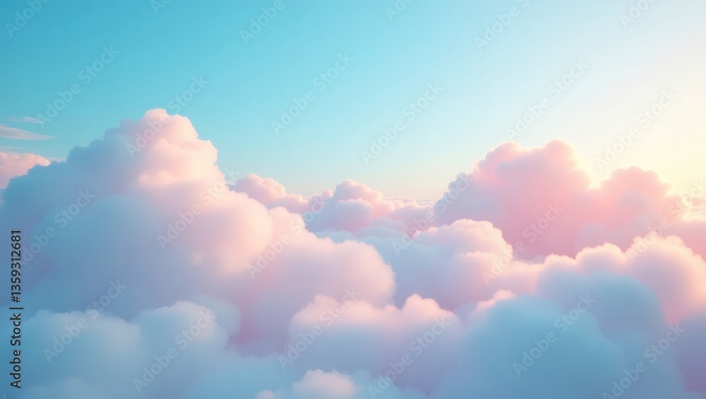 Poster an ethereal view of puffy, pastel-colored clouds filling the sky. the sky is a gradient of soft blue