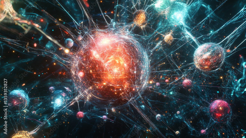 Poster electrical impulse of neural networks. high-tech nano material. 3d illustration of abstract cyberspa