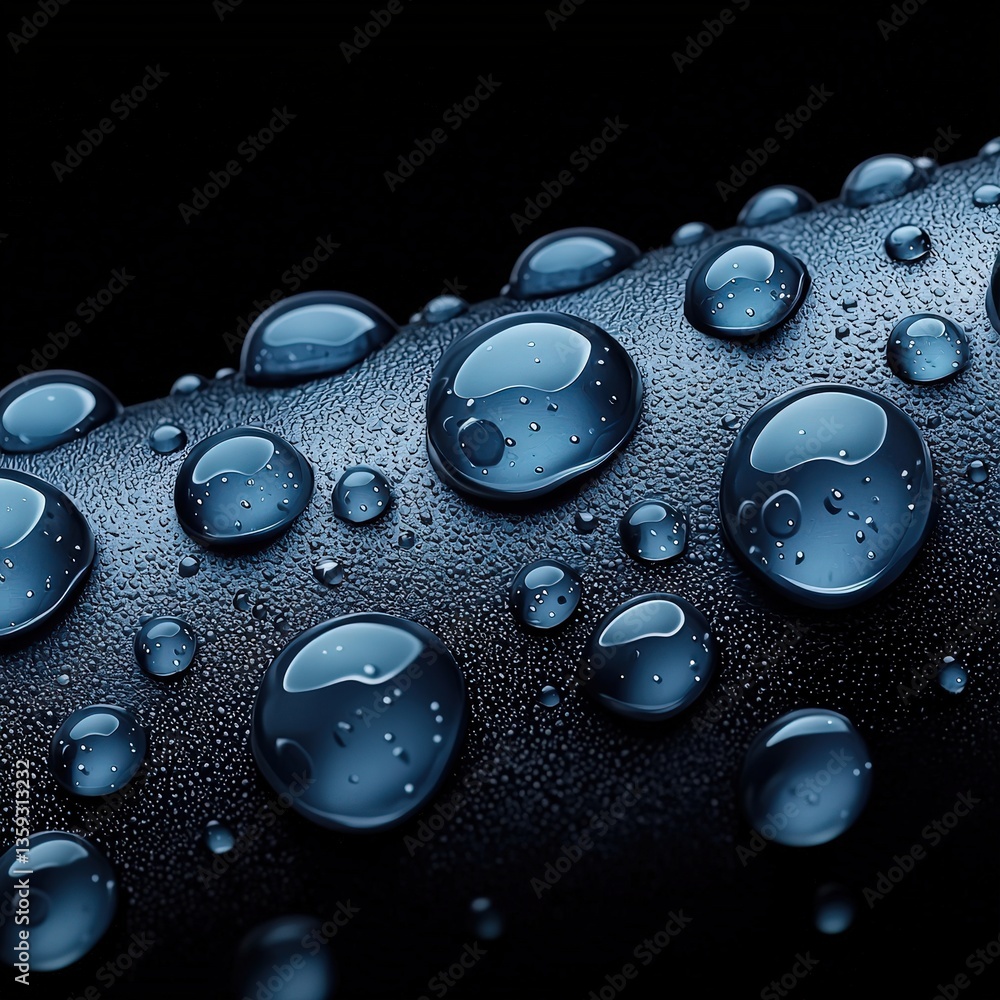 Poster close-up of water droplets on a black surface creating a beautiful and artistic visual effect