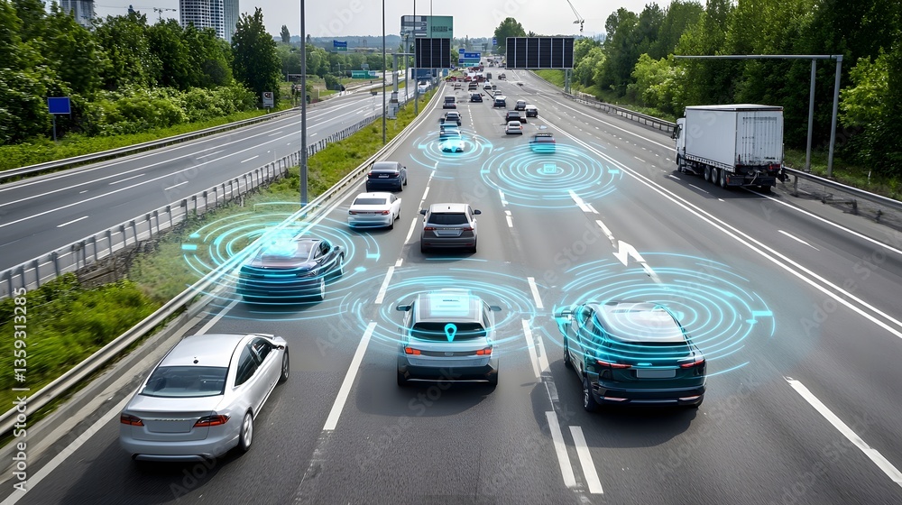 Fototapete a futuristic scene depicting autonomous electric cars and trucks seamlessly merging onto a highway m
