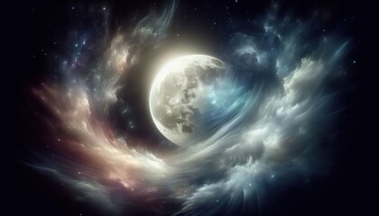 Obraz premium Celestial event moonrise over cosmic clouds digital art night sky surreal universe