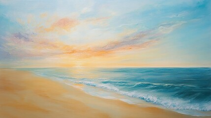 Fototapeta premium Tranquil coastal scene with calm waters, golden sand stretching to the horizon, soft pastel sunset hues blending into azure sky 