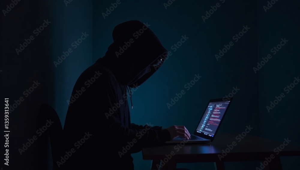 Poster a hooded person is secretly coding in the dark using a laptop