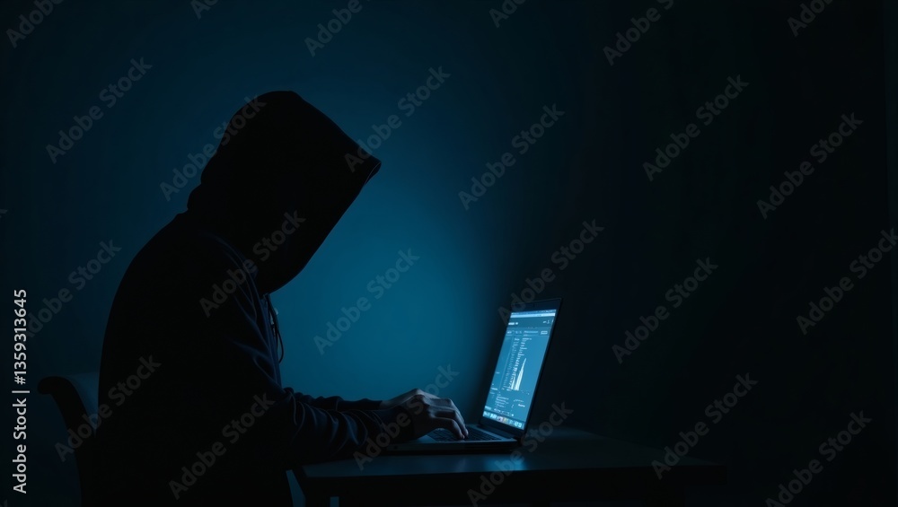 Poster a person with a hoodie using a laptop, illuminated by the laptop screen. the scene is set against a 