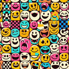Seamless pattern of funny cartoon faces and emoticons with cheerful expressions in a fun, colorful design